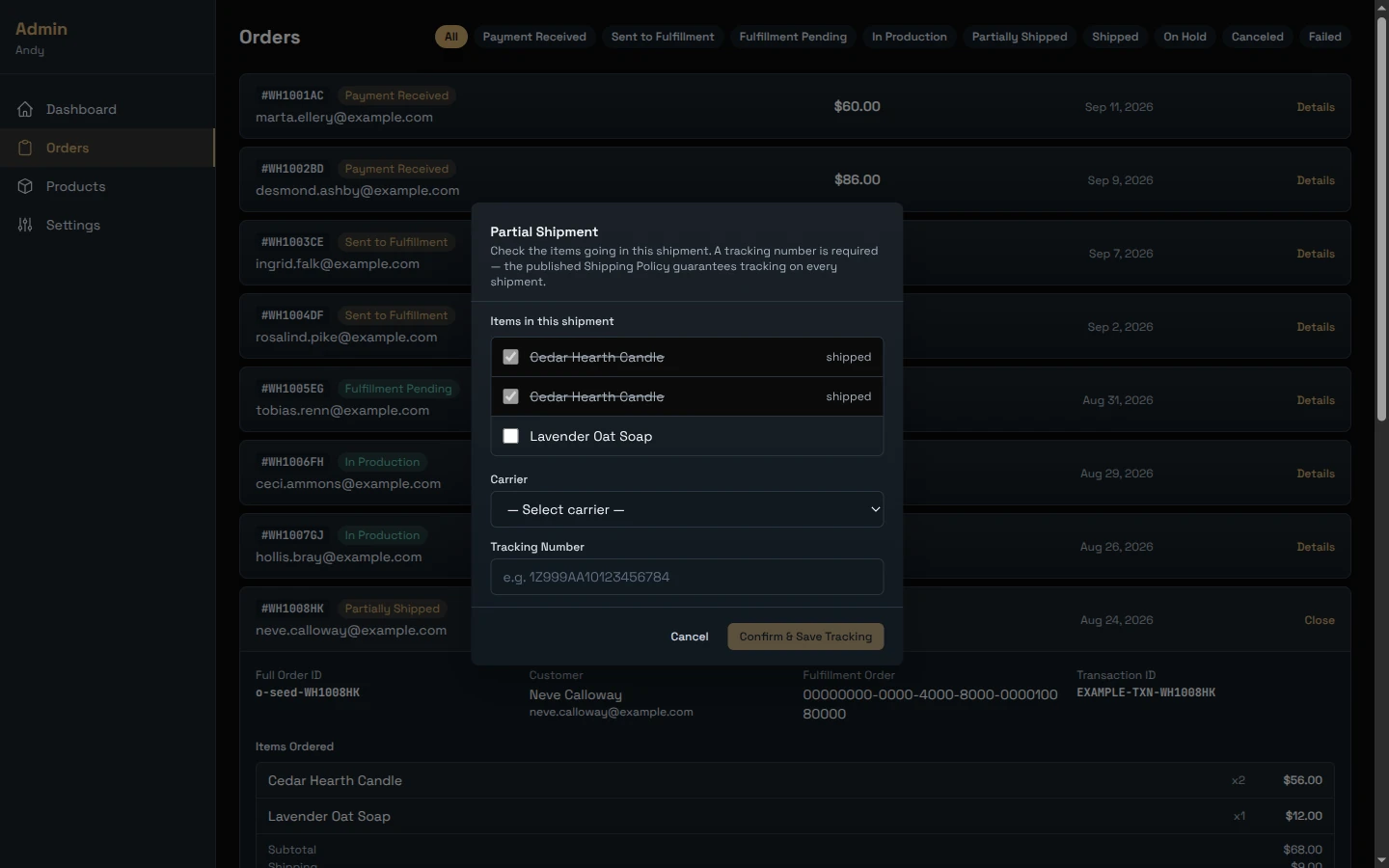 The admin portal order screen with a partial-shipment dialog open over an expanded order: one line item marked shipped, the other left outstanding, and carrier and tracking fields waiting to be filled in.